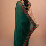 Green Chiffon Saree with Red Floral Embroidered Work - Anvi Couture