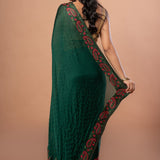 Green Chiffon Saree with Red Floral Embroidered Work - Anvi Couture
