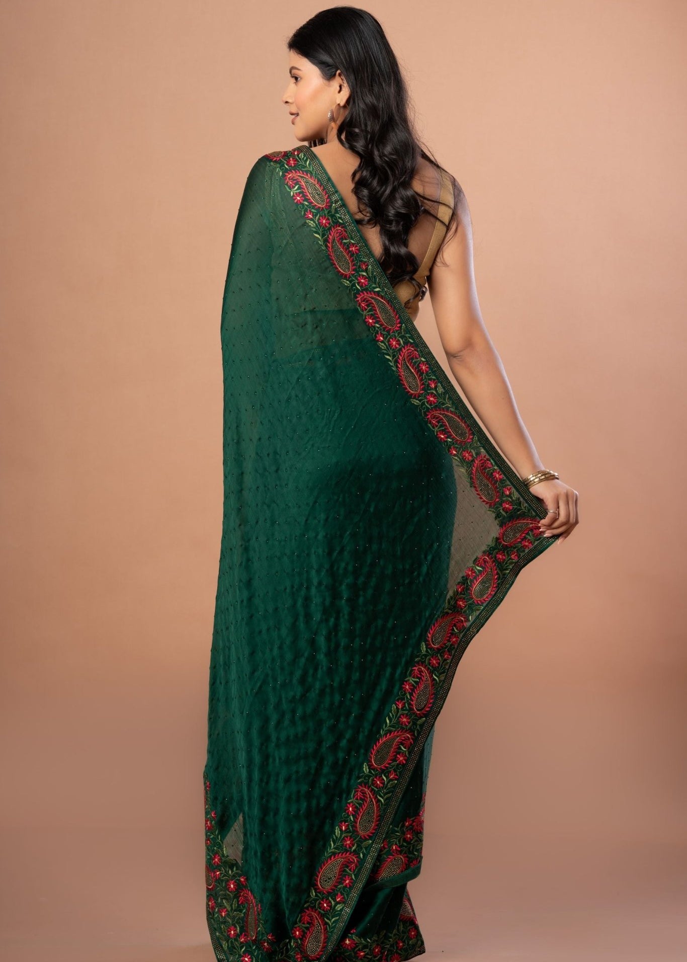 Green Chiffon Saree with Red Floral Embroidered Work - Anvi Couture