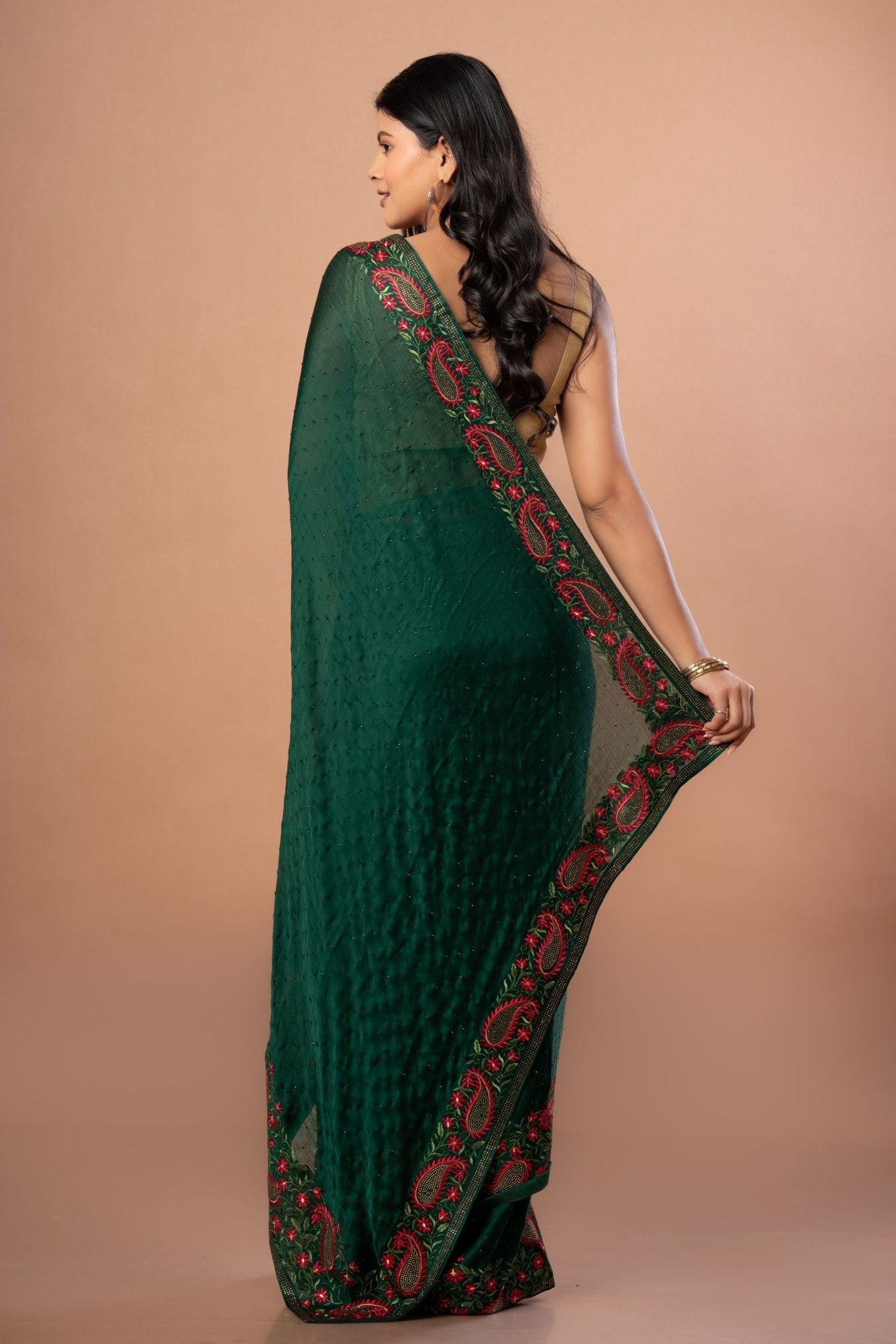 Green Chiffon Saree with Red Floral Embroidered Work - Anvi Couture