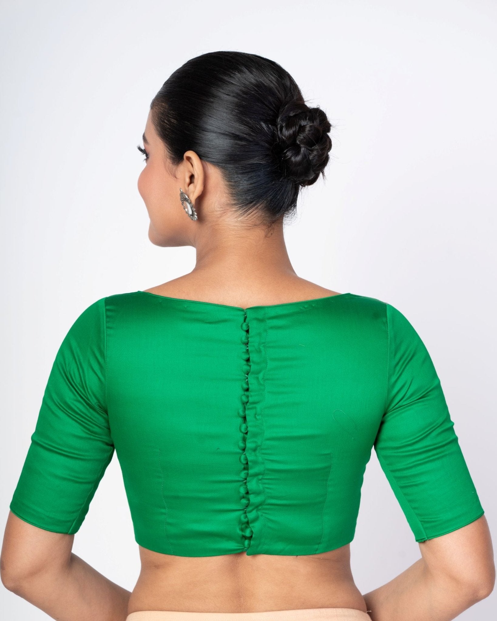 Green Color Cotton Silk Blouse With Boat Neckline and Back Button Closure - Anvi Couture