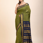 Green Coton Gadwal Saree With Blue and Golden Border Pallu - Anvi Couture
