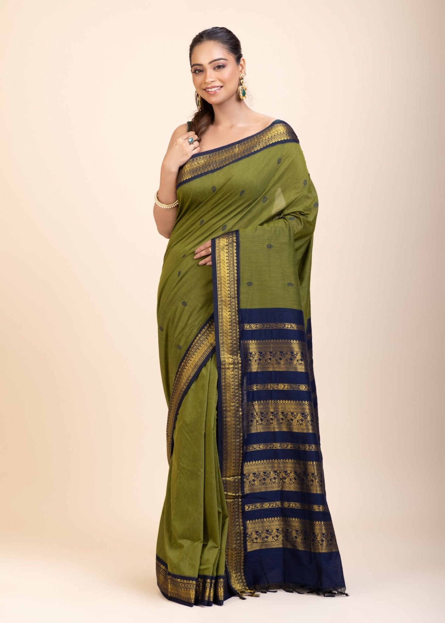 Green Coton Gadwal Saree With Blue and Golden Border Pallu - Anvi Couture