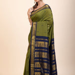 Green Coton Gadwal Saree With Blue and Golden Border Pallu - Anvi Couture