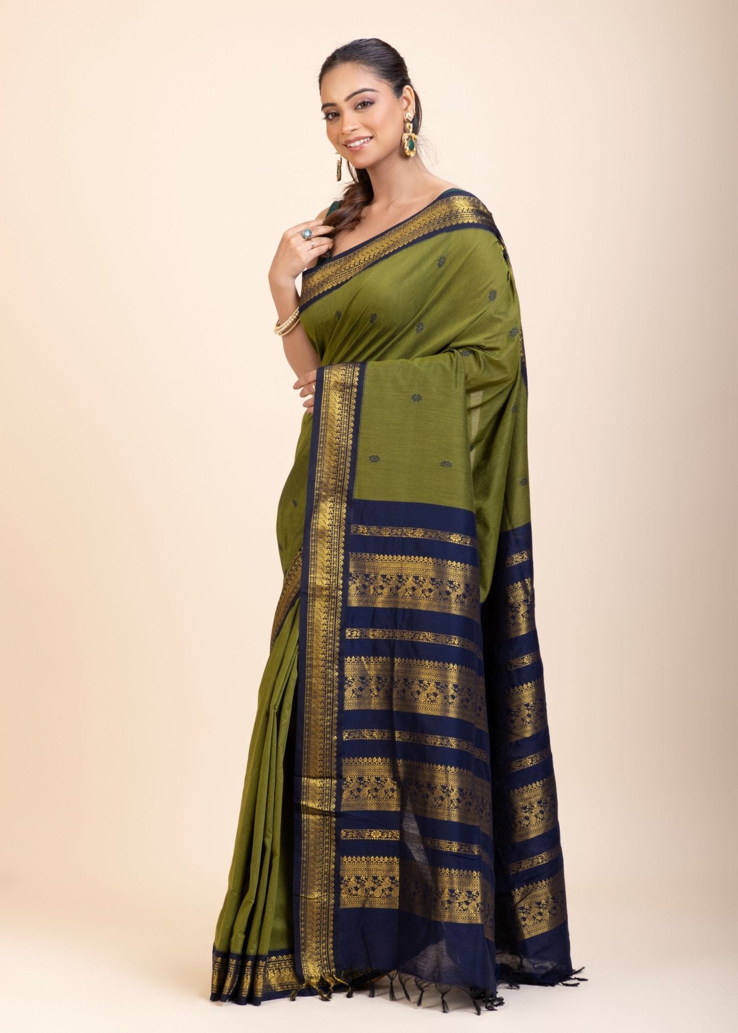 Green Coton Gadwal Saree With Blue and Golden Border Pallu - Anvi Couture