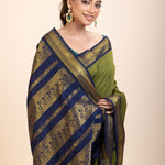 Green Coton Gadwal Saree With Blue and Golden Border Pallu - Anvi Couture