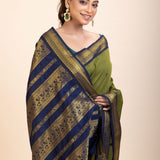 Green Coton Gadwal Saree With Blue and Golden Border Pallu - Anvi Couture