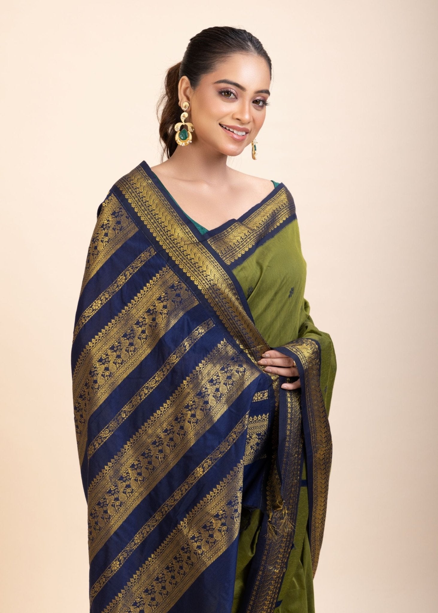 Green Coton Gadwal Saree With Blue and Golden Border Pallu - Anvi Couture