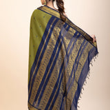 Green Coton Gadwal Saree With Blue and Golden Border Pallu - Anvi Couture
