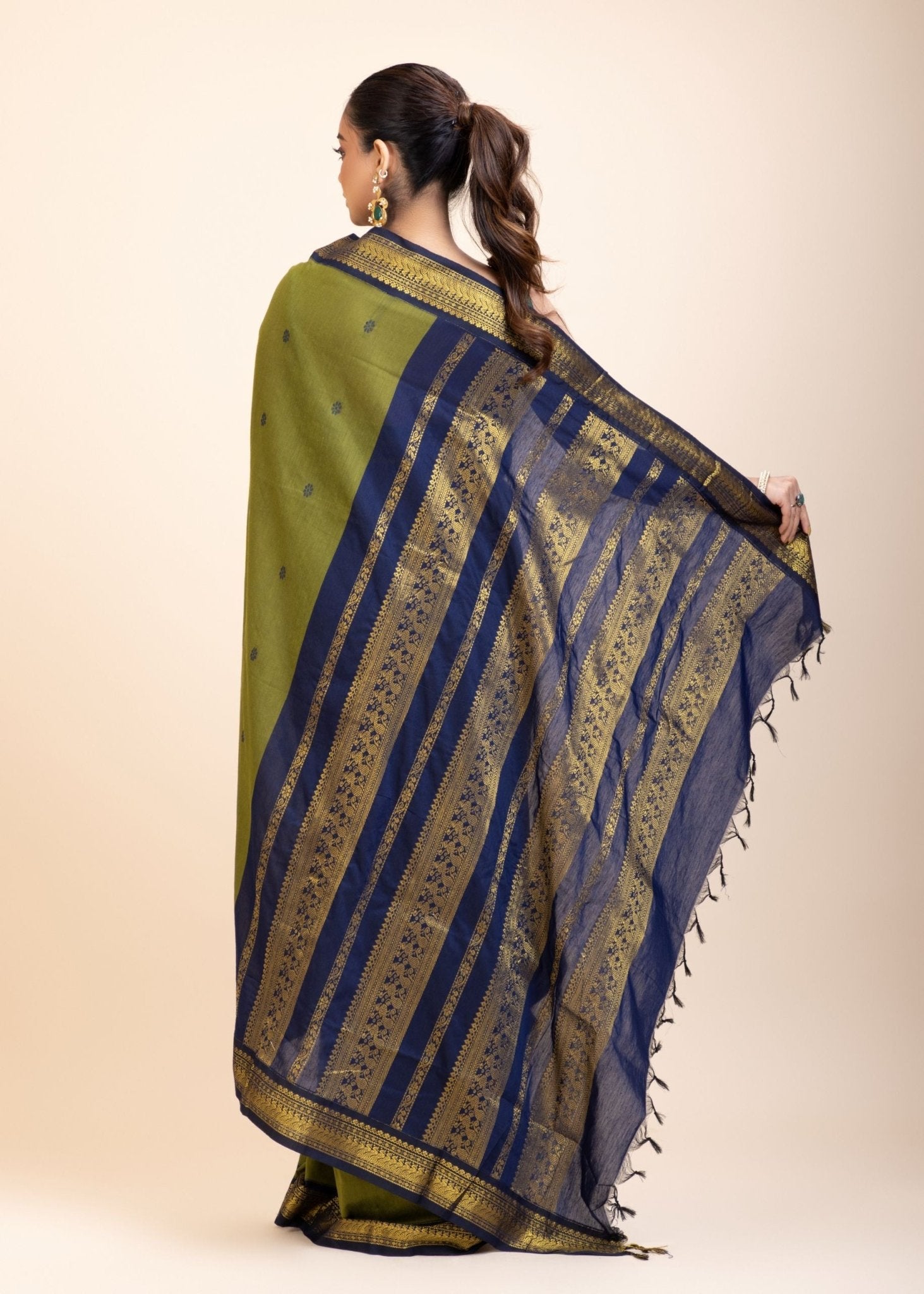 Green Coton Gadwal Saree With Blue and Golden Border Pallu - Anvi Couture