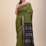 Green Coton Gadwal Saree With Blue and Golden Border Pallu Full
