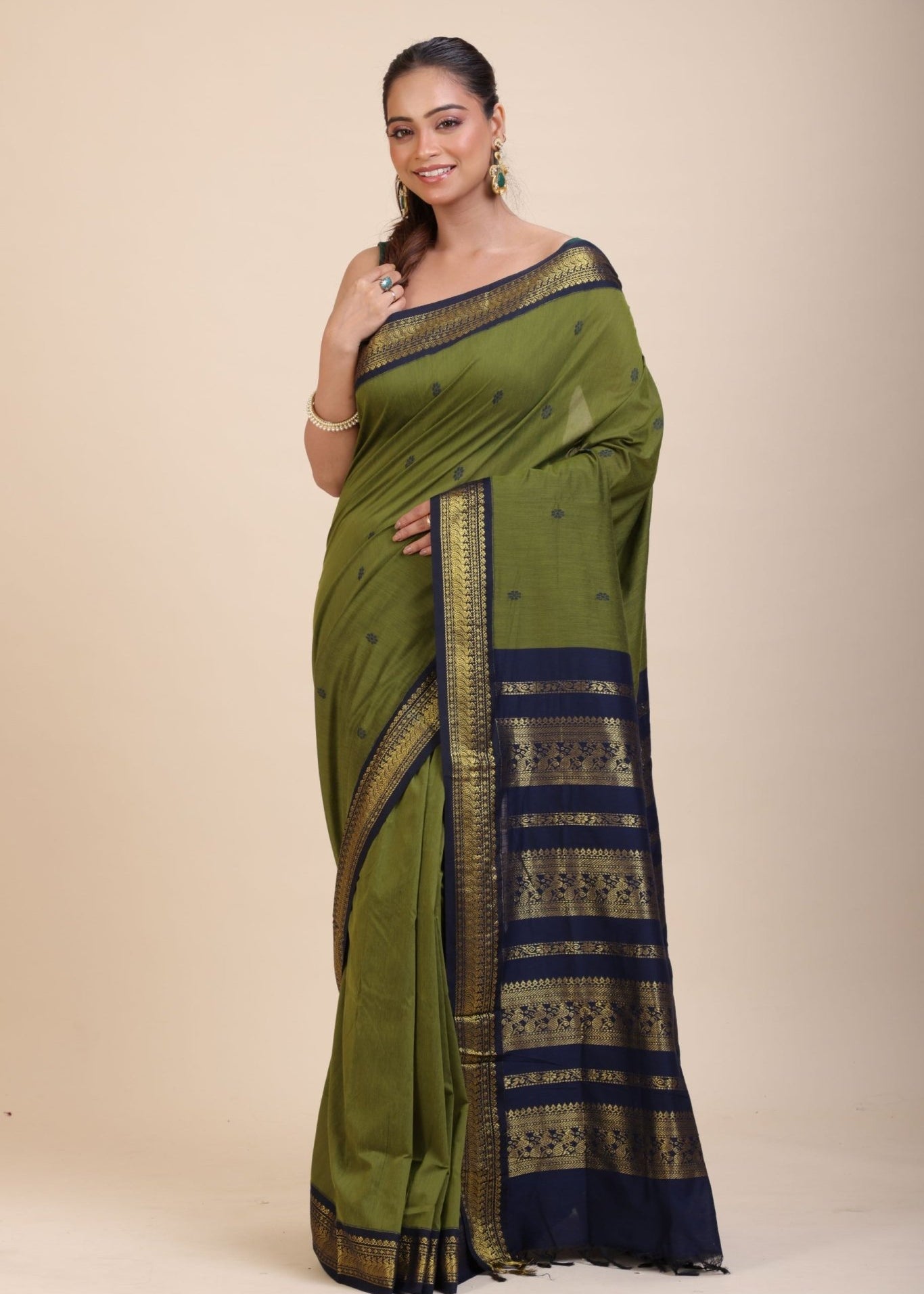Green Coton Gadwal Saree With Blue and Golden Border Pallu - Anvi Couture