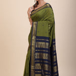 Green Coton Gadwal Saree With Blue and Golden Border Pallu Front
