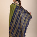 Green Coton Gadwal Saree With Blue and Golden Border Pallu Back
