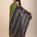 Green Coton Gadwal Saree With Blue and Golden Border Pallu Back

