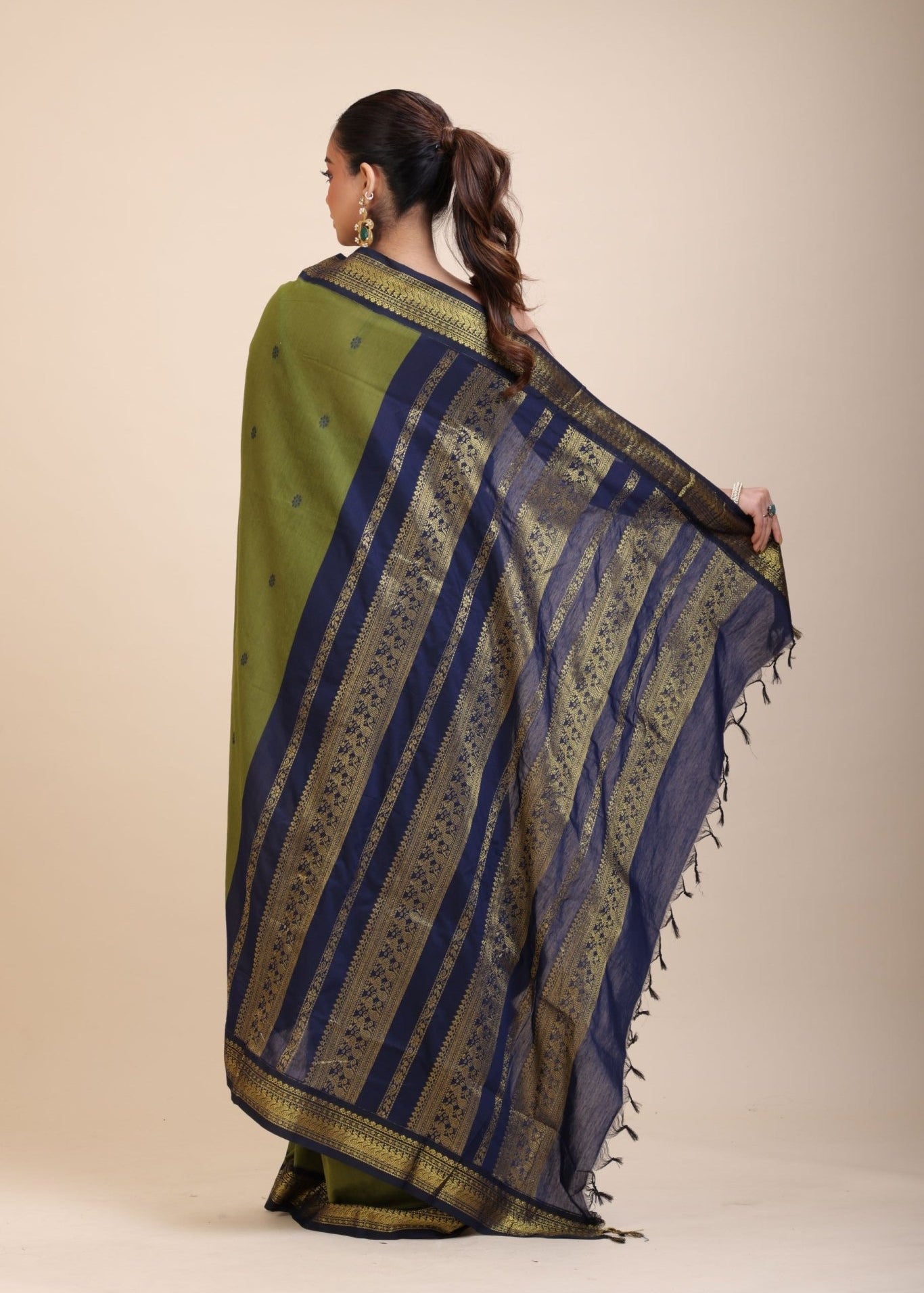 Green Coton Gadwal Saree With Blue and Golden Border Pallu - Anvi Couture