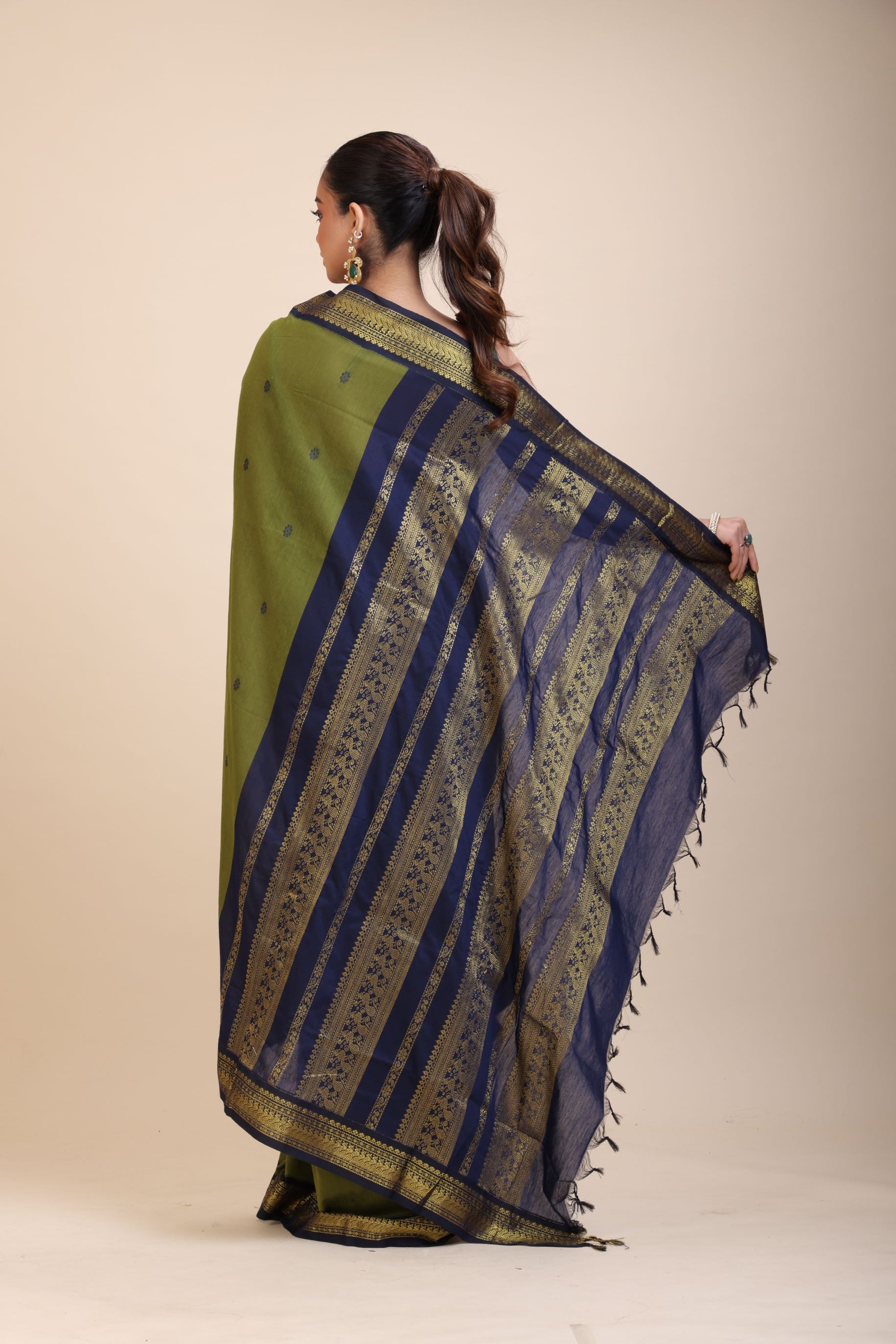 Green Coton Gadwal Saree With Blue and Golden Border Pallu Back
