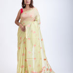 Green Cotton Handloom Jamdani Saree Pink Floral Weave Full
