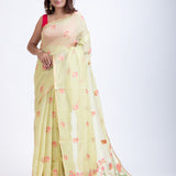 Green Cotton Handloom Jamdani Saree Pink Floral Weave Front
