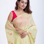 Green Cotton Handloom Jamdani Saree Pink Floral Weave Close Up
