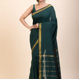 Green Cotton Handloom Saree with Golden Border - Anvi Couture