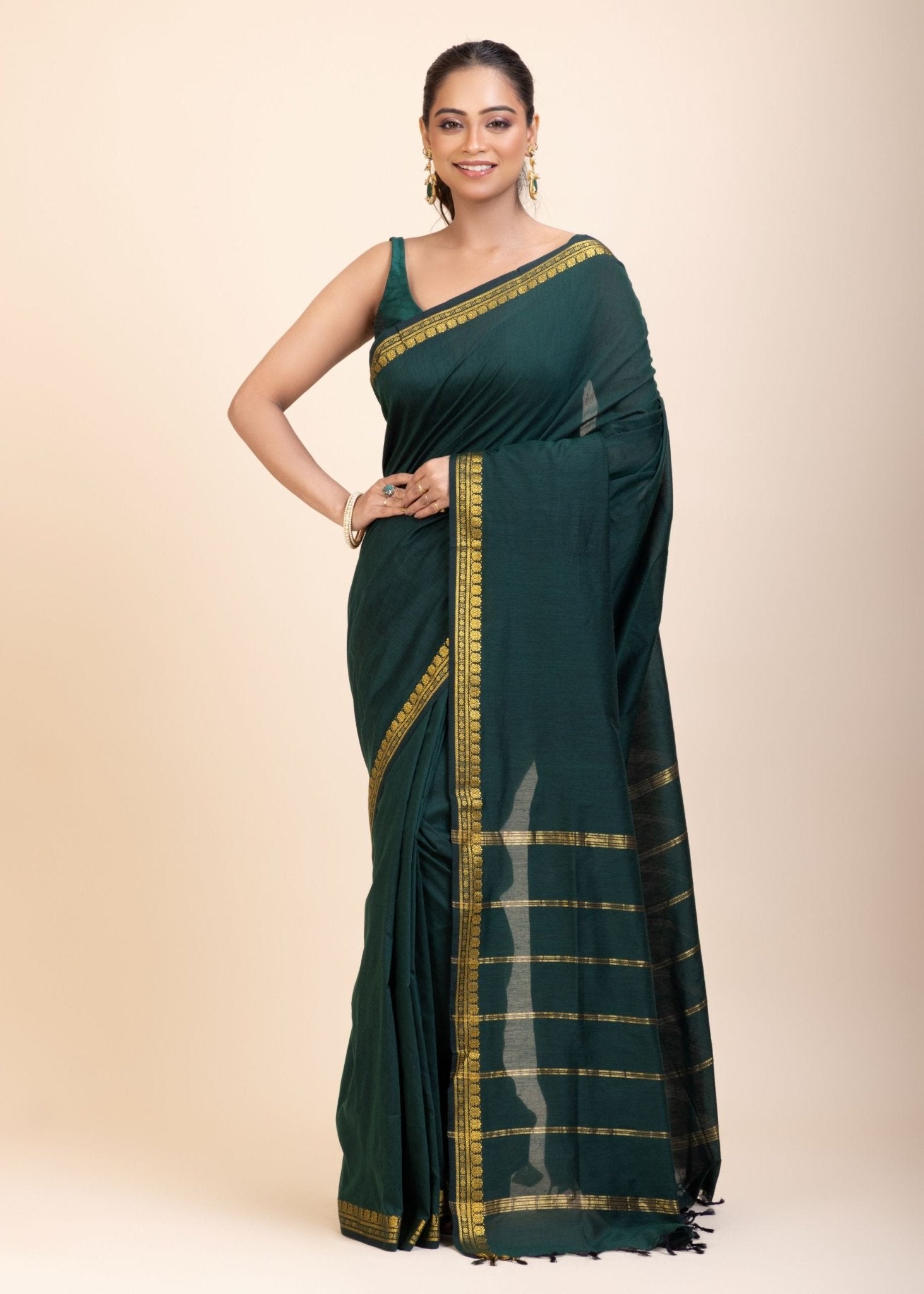 Green Cotton Handloom Saree with Golden Border - Anvi Couture