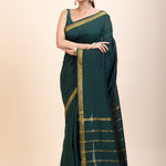 Green Cotton Handloom Saree with Golden Border - Anvi Couture