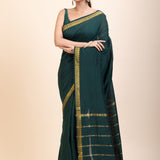 Green Cotton Handloom Saree with Golden Border - Anvi Couture
