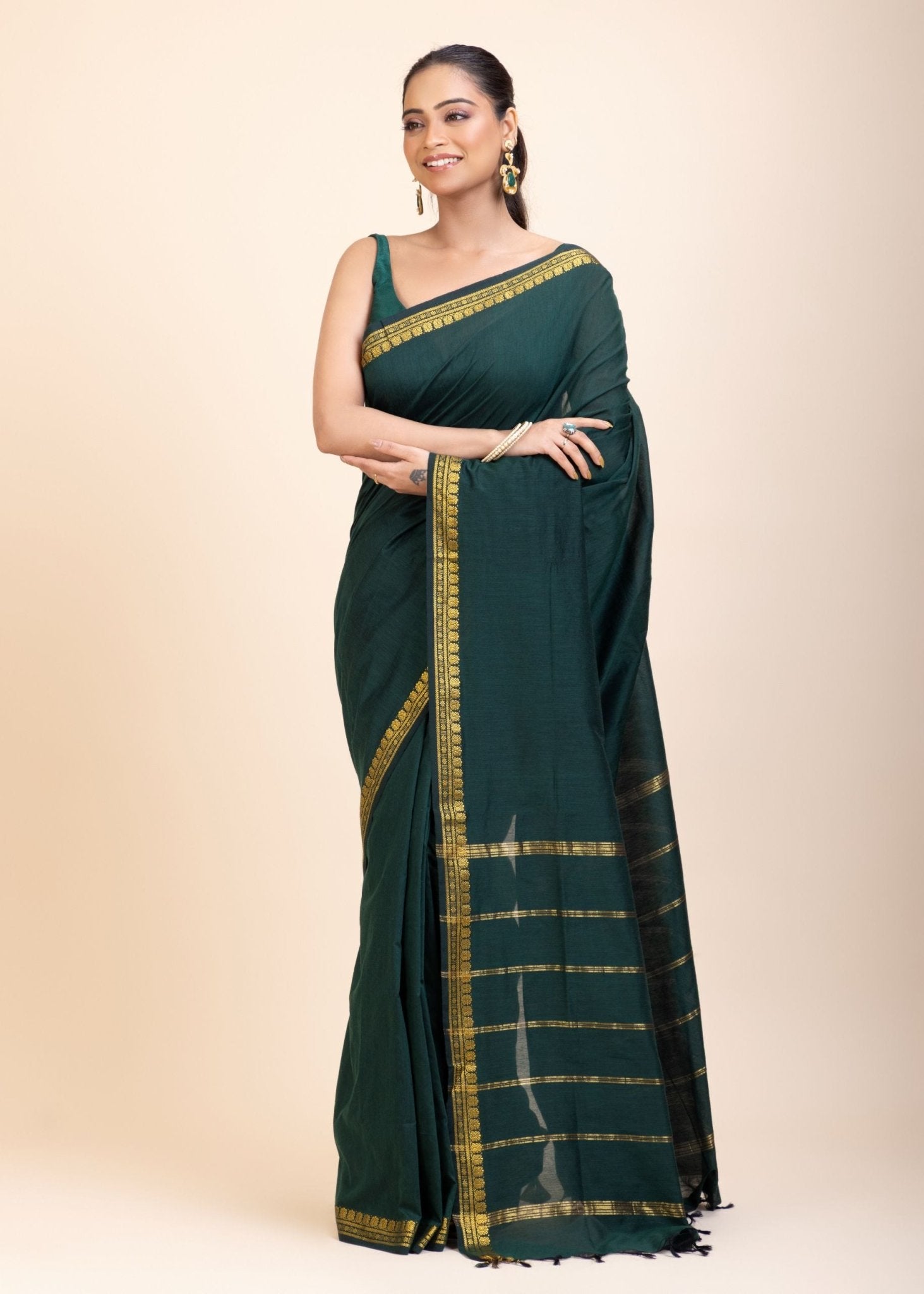 Green Cotton Handloom Saree with Golden Border - Anvi Couture