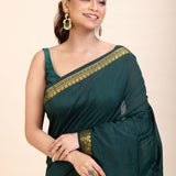 Green Cotton Handloom Saree with Golden Border - Anvi Couture