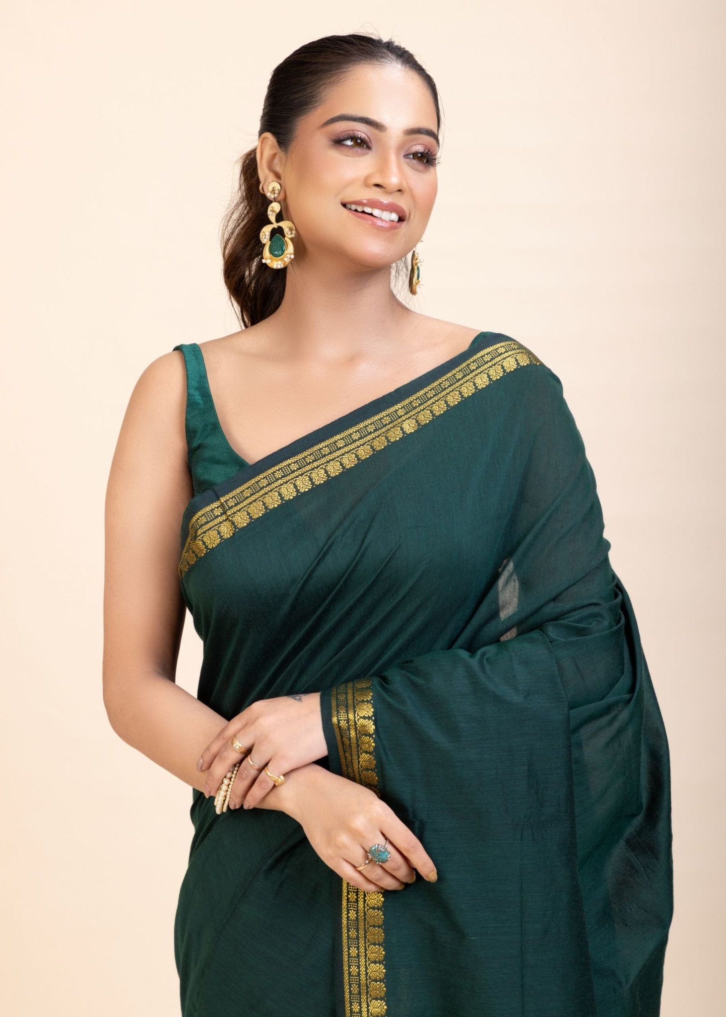 Green Cotton Handloom Saree with Golden Border - Anvi Couture