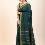 Green Cotton Handloom Saree with Golden Border - Anvi Couture