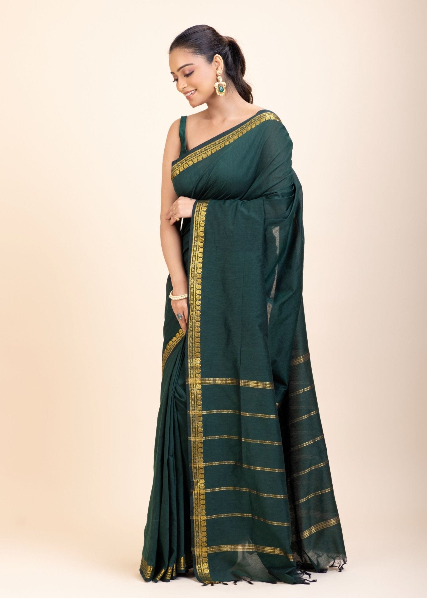 Green Cotton Handloom Saree with Golden Border - Anvi Couture