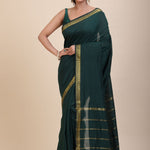 Green Cotton Handloom Saree with Golden Border - Anvi Couture