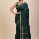 Green Cotton Handloom Saree with Golden Border - Anvi Couture