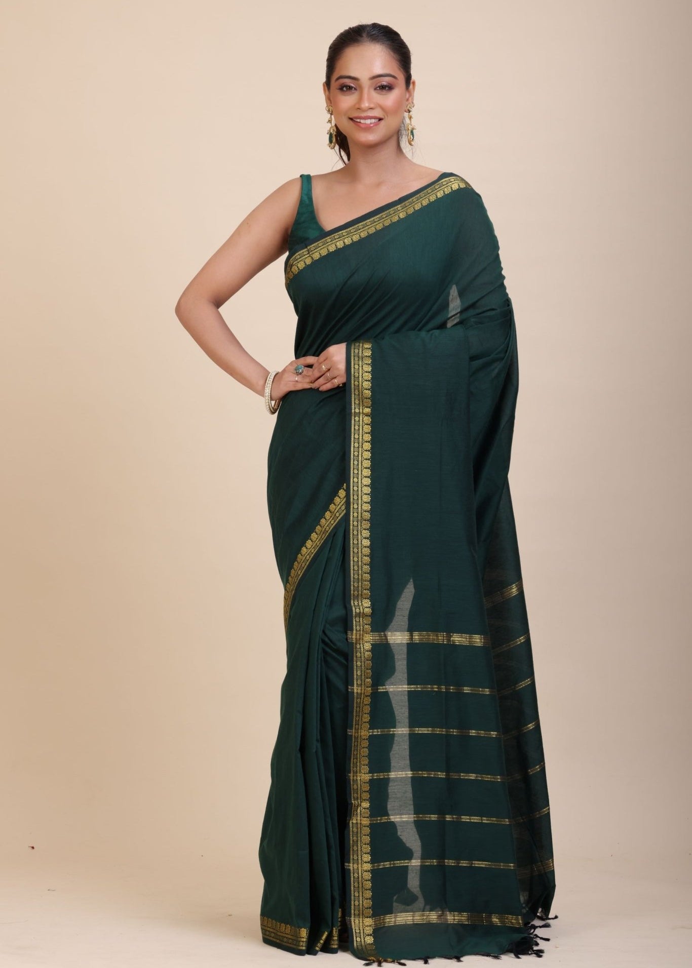 Green Cotton Handloom Saree with Golden Border - Anvi Couture