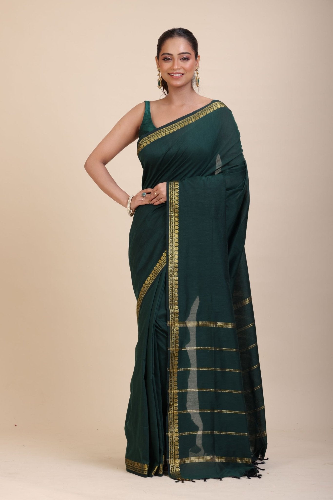 Green Cotton Handloom Saree with Golden Border - Anvi Couture