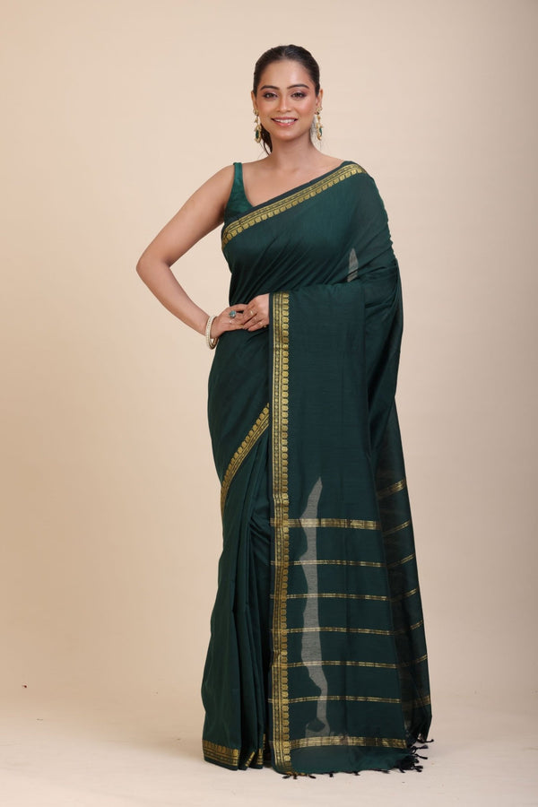 Green Cotton Handloom Saree with Golden Border - Anvi Couture