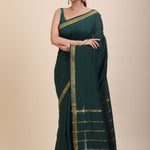 Green Cotton Handloom Saree with Golden Border - Anvi Couture