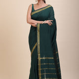 Green Cotton Handloom Saree with Golden Border - Anvi Couture