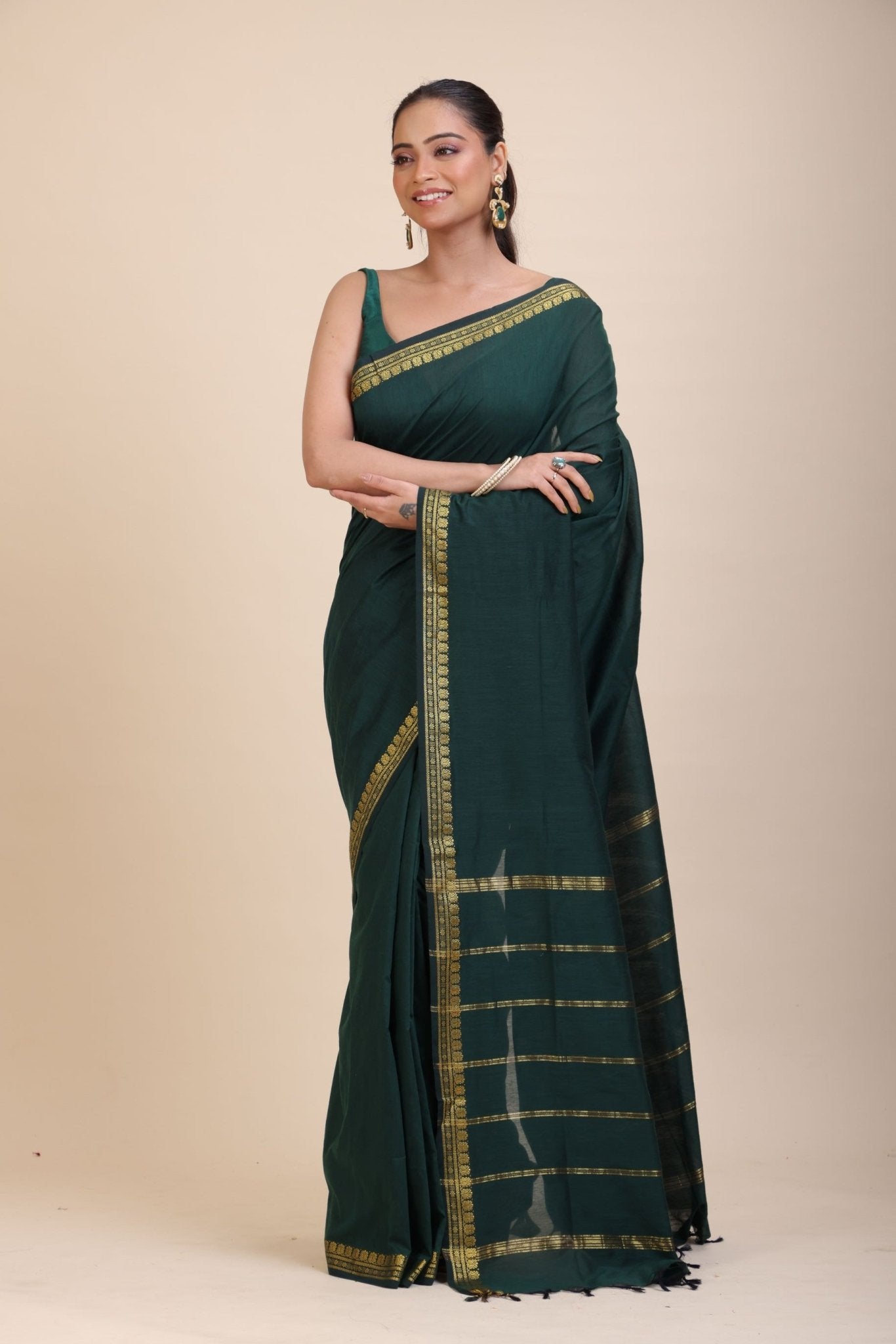 Green Cotton Handloom Saree with Golden Border - Anvi Couture