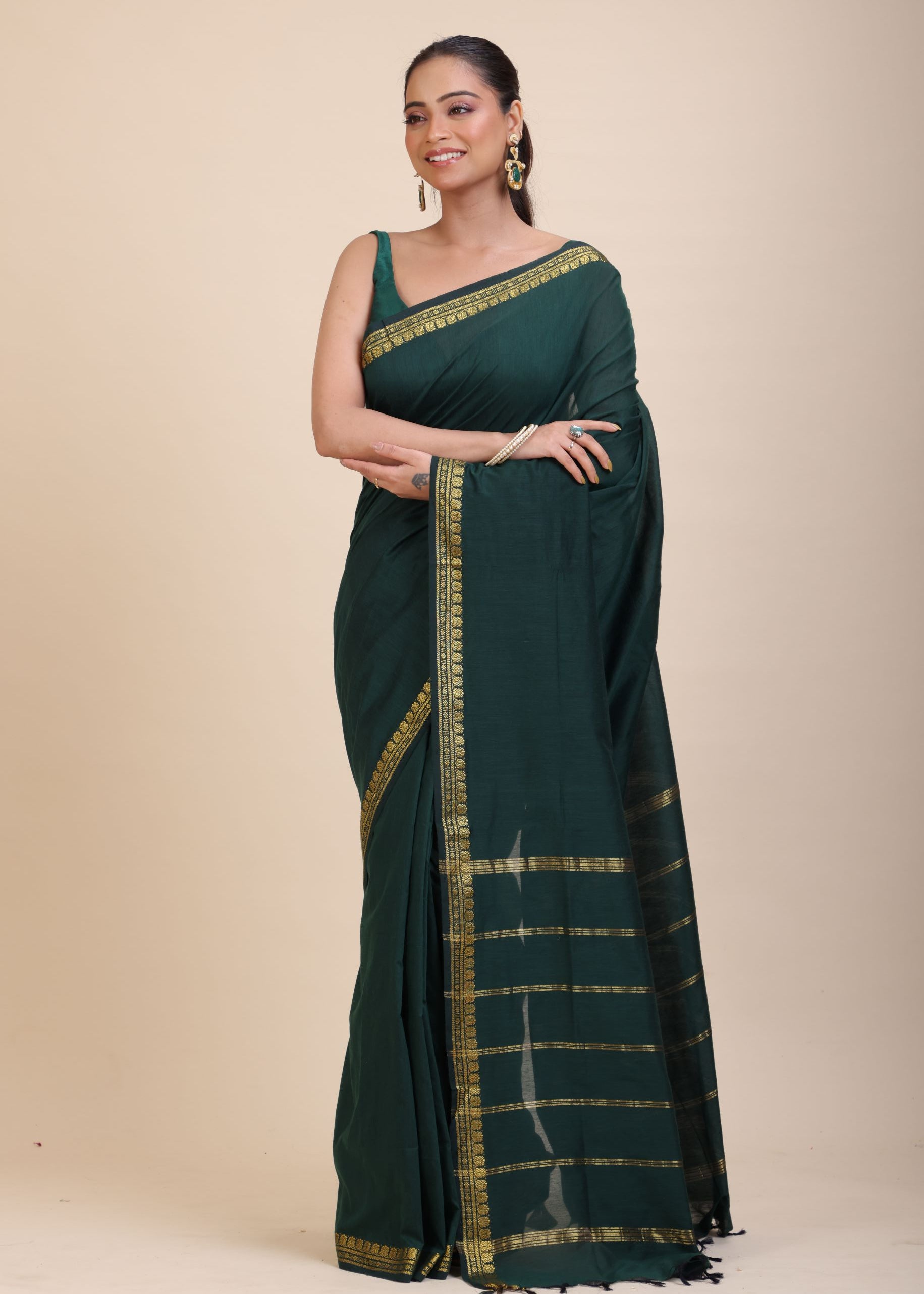 Green Cotton Handloom Saree with Golden Border front