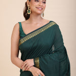 Green Cotton Handloom Saree with Golden Border - Anvi Couture
