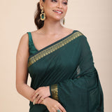Green Cotton Handloom Saree with Golden Border - Anvi Couture