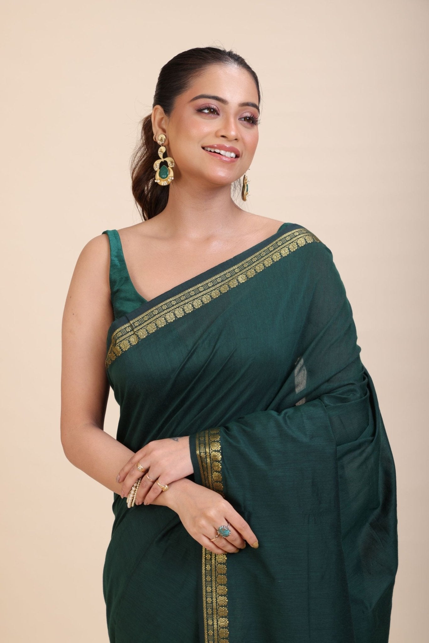 Green Cotton Handloom Saree with Golden Border - Anvi Couture
