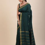 Green Cotton Handloom Saree with Golden Border - Anvi Couture