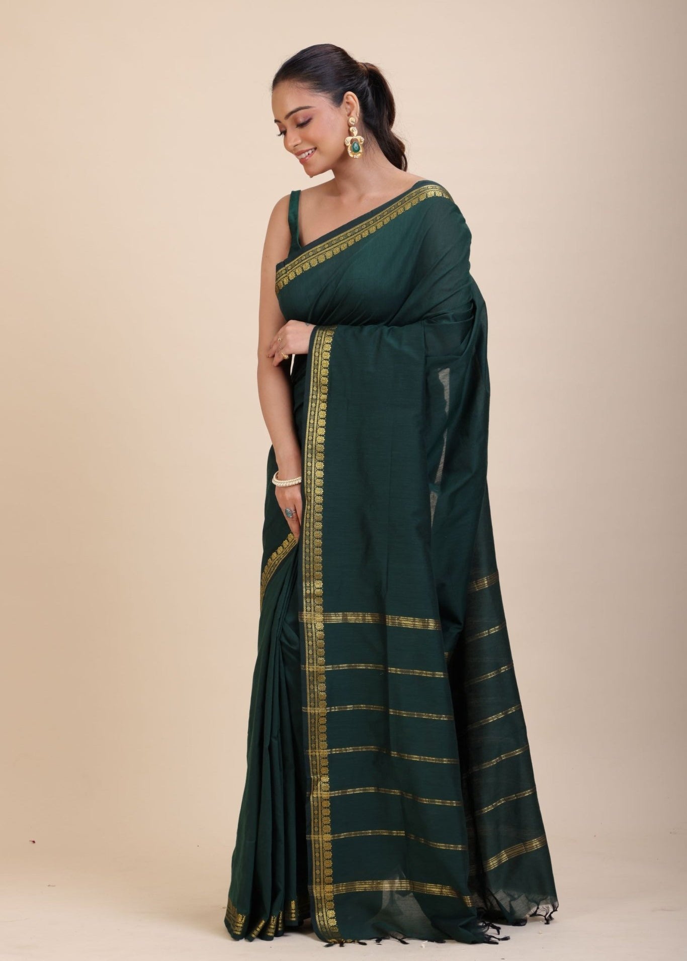 Green Cotton Handloom Saree with Golden Border - Anvi Couture