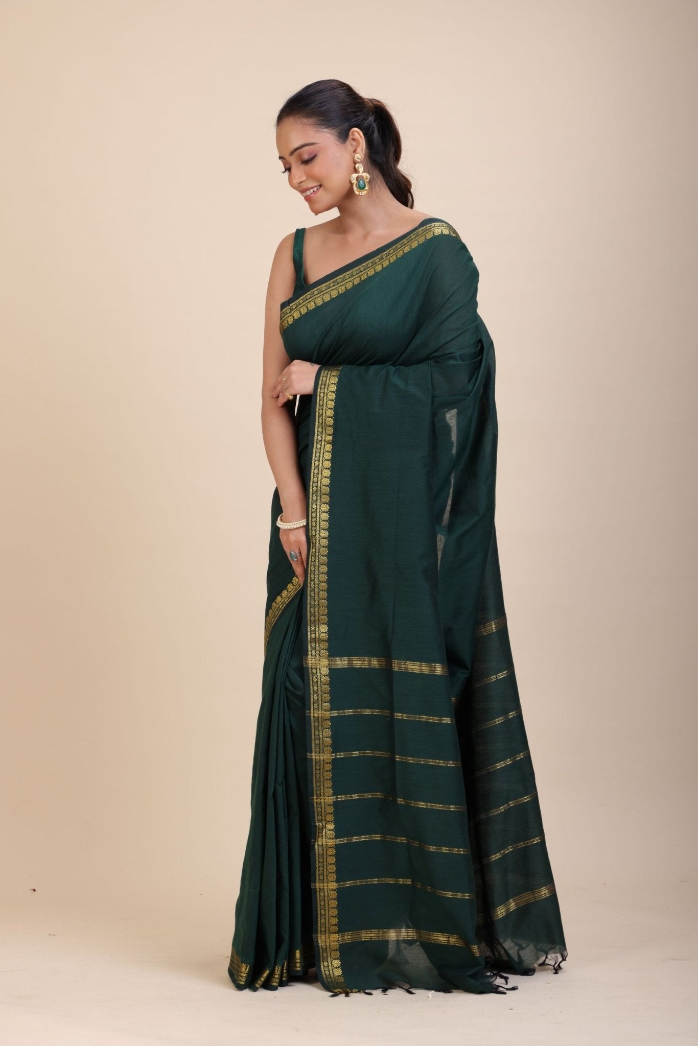 Green Cotton Handloom Saree with Golden Border - Anvi Couture