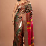 Green Dual Tone Silk Saree with Golden Border and Pink Pallu - Anvi Couture