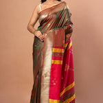 Green Dual Tone Silk Saree with Golden Border and Pink Pallu - Anvi Couture